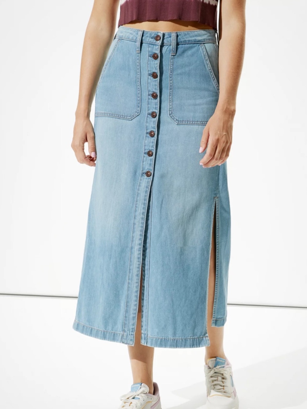 American Eagle Outfitters Light Blue Button-Front Denim Maxi Skirt